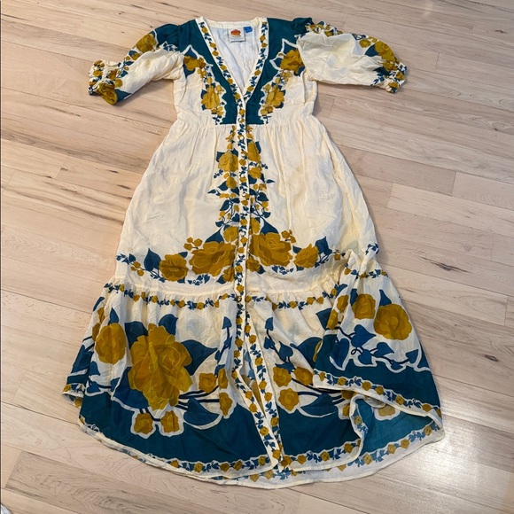 Farm Rio-Puff-Sleeve Printed Midi Dress-Floral-Boho-Festival-S - Picture 3 of 12